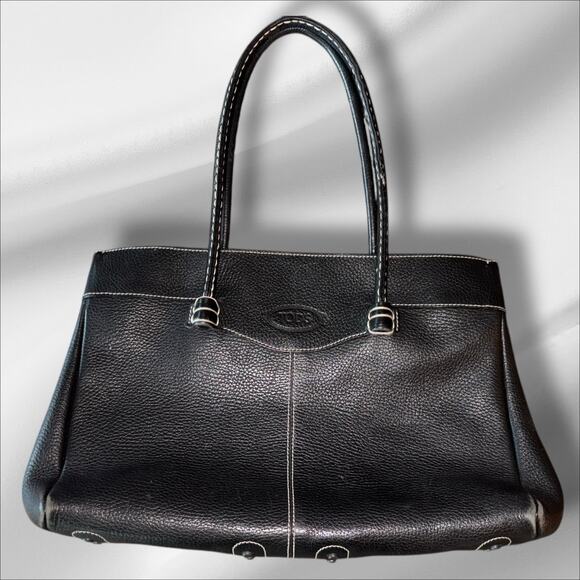 Tod’s Black Pebbled Leather Tote Bag White Stitching Double Handles - Picture 1 of 14